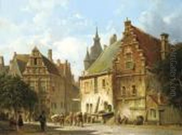 Figures On A Sunlit Street Oil Painting by Adrianus Eversen