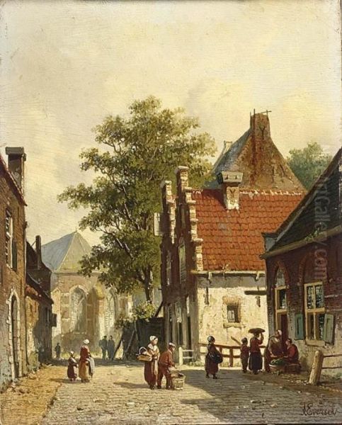 Village Oil Painting by Adrianus Eversen