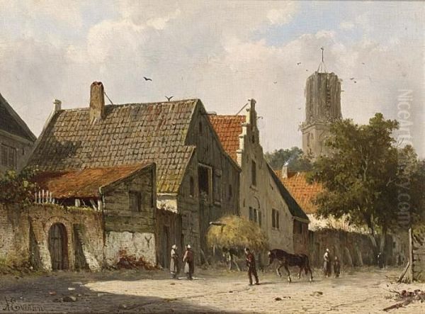 Village Oil Painting by Adrianus Eversen