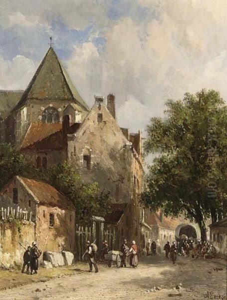 Market In A Dutch Town Oil Painting by Adrianus Eversen