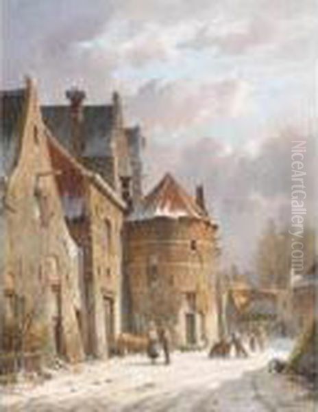 Villagers In A Snow-covered Street Oil Painting by Adrianus Eversen