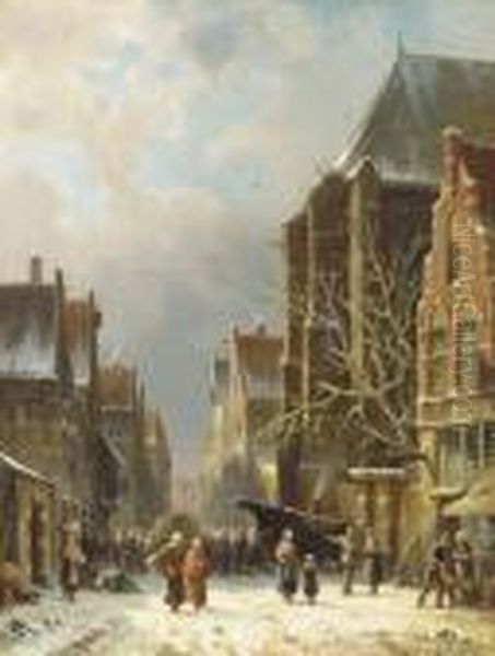 A Busy Street In Winter Oil Painting by Adrianus Eversen