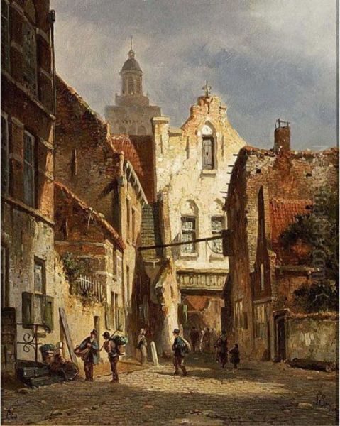 Villagers In The Streets Of A Sunlit Dutch Town Oil Painting by Adrianus Eversen