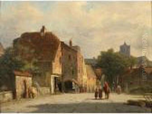 Figures In A Sunlit Dutch Town Oil Painting by Adrianus Eversen