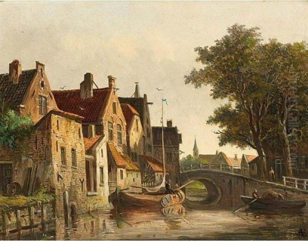 A View Of The Visbrug In Oudewater Oil Painting by Adrianus Eversen