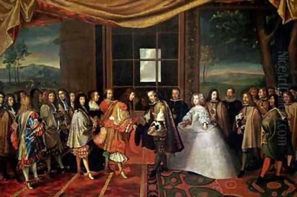 Meeting between Louis XIV 1638-1715 and Philippe IV 1605-65 at Isle des Faisans Oil Painting by Laumosnier