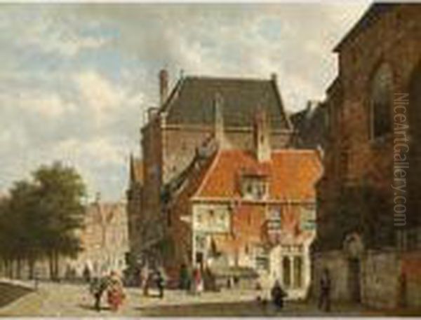 Villagers In The Streets Of A Sunlit Dutch Town Oil Painting by Adrianus Eversen