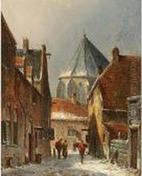 A Wintry Dutch Town Oil Painting by Adrianus Eversen