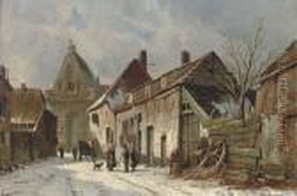 A Dutch Street In Winter Oil Painting by Adrianus Eversen