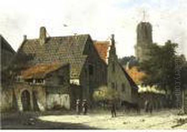 A Dutch Village Oil Painting by Adrianus Eversen