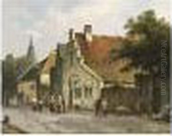 Villagers In The Streets Of A Dutch Town Oil Painting by Adrianus Eversen