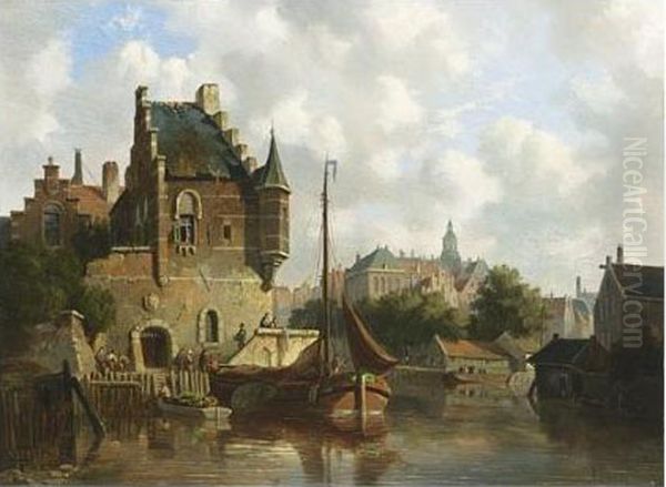 Moored Boats By A Dutch Town Oil Painting by Adrianus Eversen