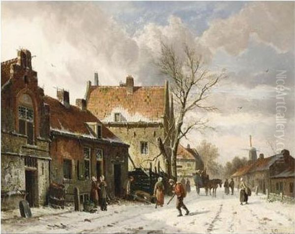 A Town Scene In Winter Oil Painting by Adrianus Eversen