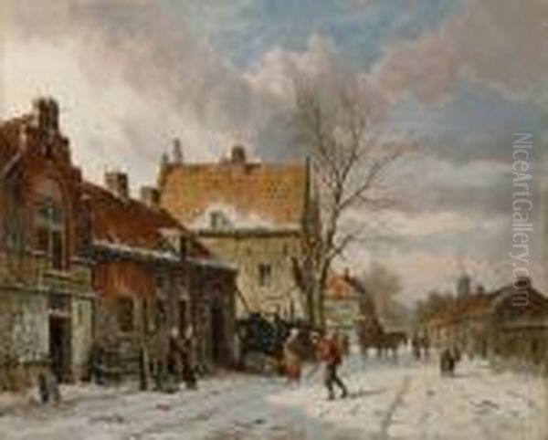 A Winter Town Scene Oil Painting by Adrianus Eversen