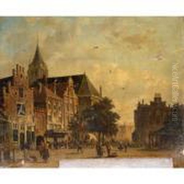 Dutch Town Scene Oil Painting by Adrianus Eversen