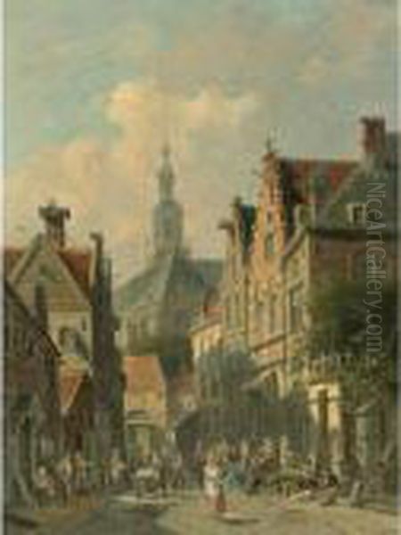 Villagers In A Dutch Town Oil Painting by Adrianus Eversen