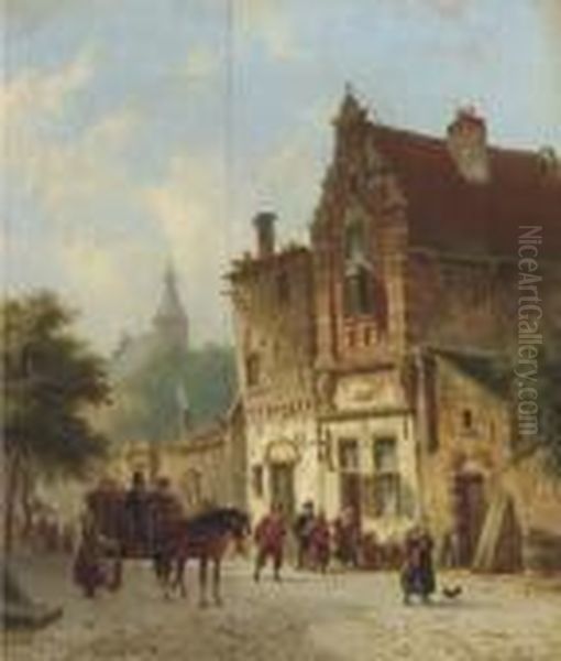 Daily Activities In A Sunlit Dutch Town Oil Painting by Adrianus Eversen