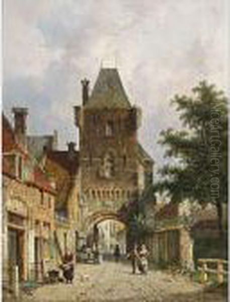 A View Of The Dijkpoort, Hattem Oil Painting by Adrianus Eversen