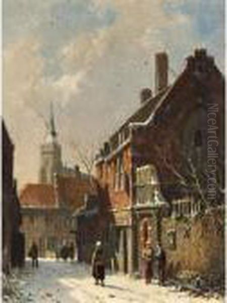 Figures In The Streets Of A Dutch Town In Winter Oil Painting by Adrianus Eversen