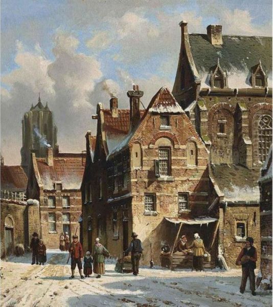 Figures In The Streets Of A Wintry Town Oil Painting by Adrianus Eversen