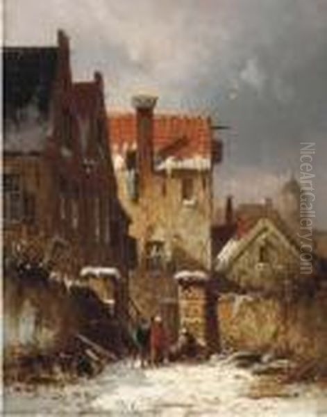 Figures Conversing In A Dutch Town In Winter Oil Painting by Adrianus Eversen