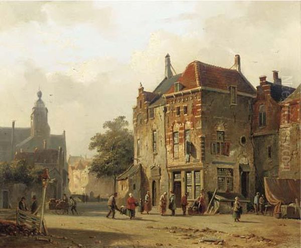 Numerous Figures On A Sunlit Town Square Oil Painting by Adrianus Eversen