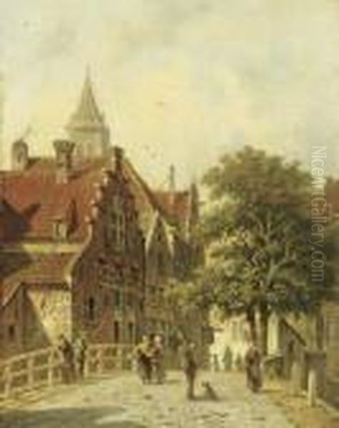 Figures On A Bridge In A Dutch Town Oil Painting by Adrianus Eversen