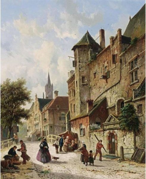 Villagers In The Streets Of A Dutch Town Oil Painting by Adrianus Eversen