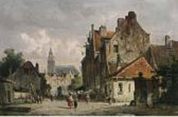 Villagers In A Dutch Town Oil Painting by Adrianus Eversen