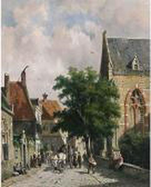 A Busy Street In A Dutch Town Oil Painting by Adrianus Eversen