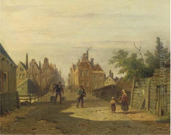 Figures On The Bridge By The Bikkereiland, Amsterdam Oil Painting by Adrianus Eversen