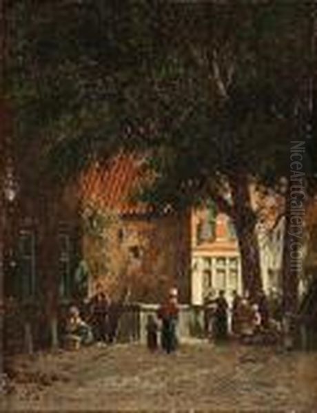 Figures In A Dutch Street Oil Painting by Adrianus Eversen