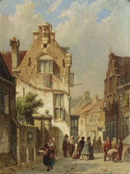 Elegant Figures In A Sunlit Street Oil Painting by Adrianus Eversen