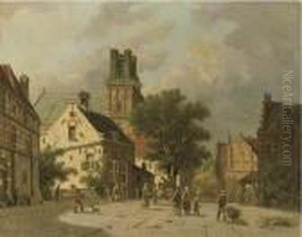 Townsfolk On A Square, Ransdorp Oil Painting by Adrianus Eversen