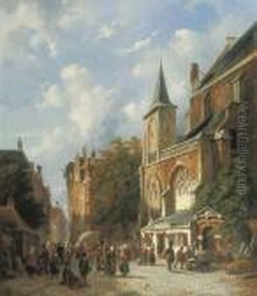 A Bustling Street By A Church In A Dutch Town Oil Painting by Adrianus Eversen