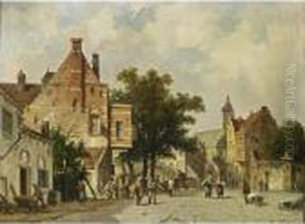 Townspeople On A Square Oil Painting by Adrianus Eversen