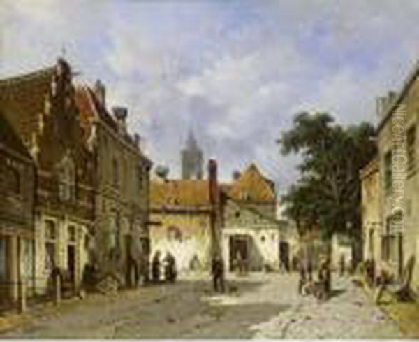 Townsfolk In A Sunlit Street Oil Painting by Adrianus Eversen