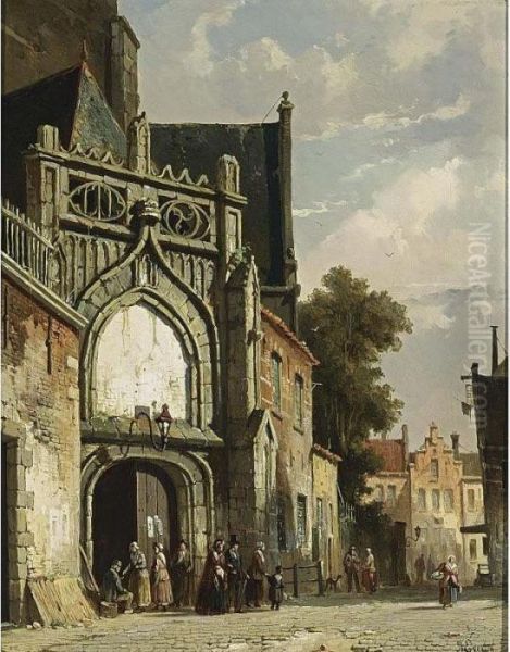 Figures Near A Church Entrance Oil Painting by Adrianus Eversen