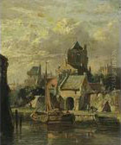 A Town View With A Moored Boat Oil Painting by Adrianus Eversen