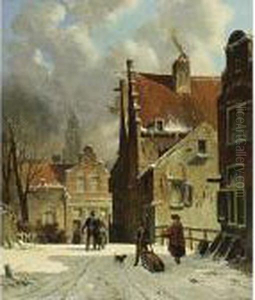 Figures In A Wintry Town Oil Painting by Adrianus Eversen