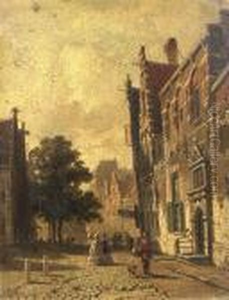 A Town Scene With Elegant People Strolling Oil Painting by Adrianus Eversen