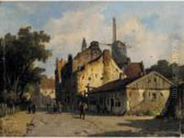 Village Scene With A Windmill Oil Painting by Adrianus Eversen