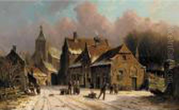 A Village In Winter Oil Painting by Adrianus Eversen