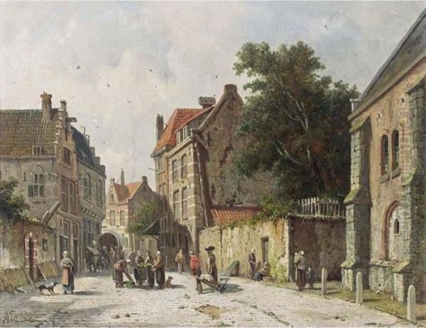 Villagers In The Streets Of A Dutch Town Oil Painting by Adrianus Eversen