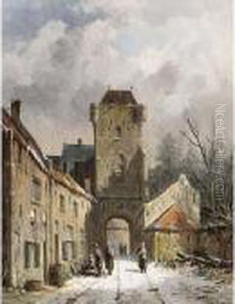 A Wintry View Of The Dijkpoort In Hattem Oil Painting by Adrianus Eversen