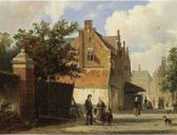 Villagers In The Streets Of A Dutch Town Oil Painting by Adrianus Eversen