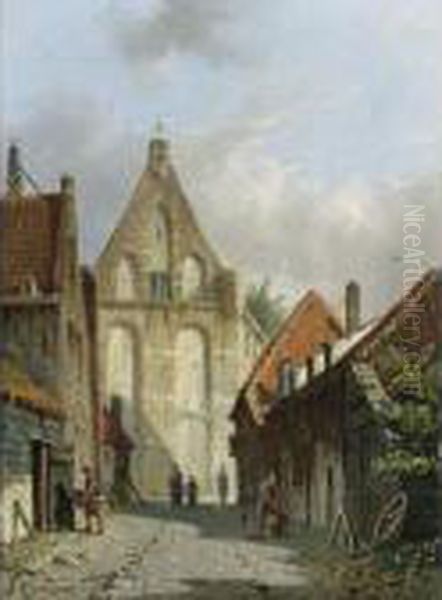 Townsfolk In A Sunlit Street Oil Painting by Adrianus Eversen