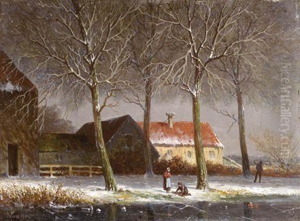 Peasants On A Tree-lined Snowcovered Track, With Farms Beyond Oil Painting by Adrianus Eversen