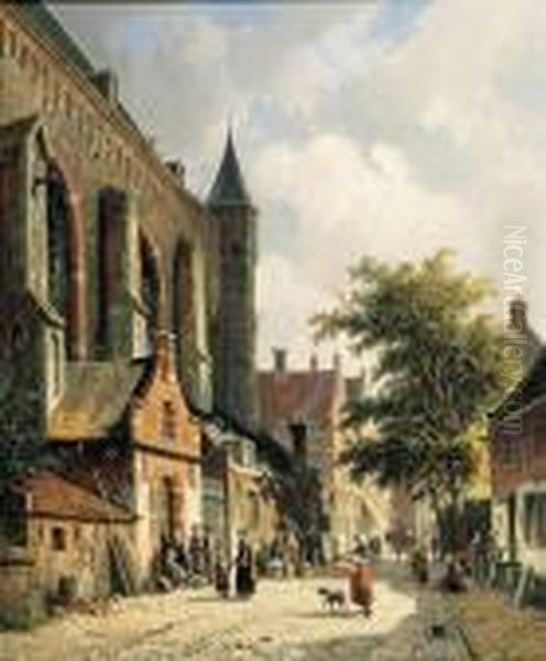 Straatje Te Edam: Townsfolk In A Sunlit Street Oil Painting by Adrianus Eversen