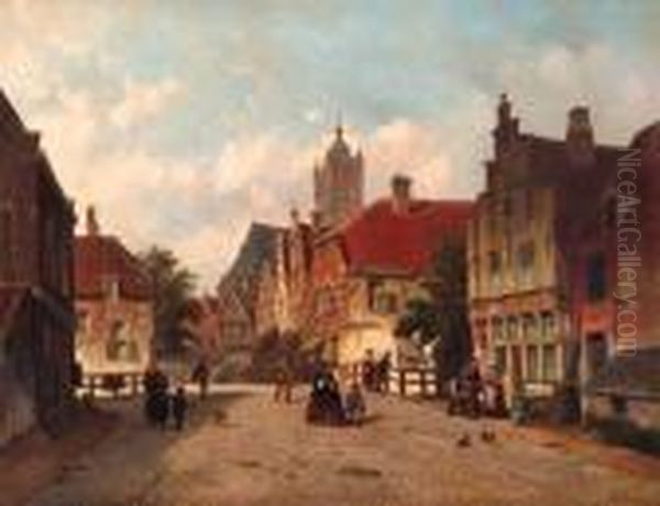 A Sunlit Townview With Elegant Figures Strolling Near A Bridge Oil Painting by Adrianus Eversen